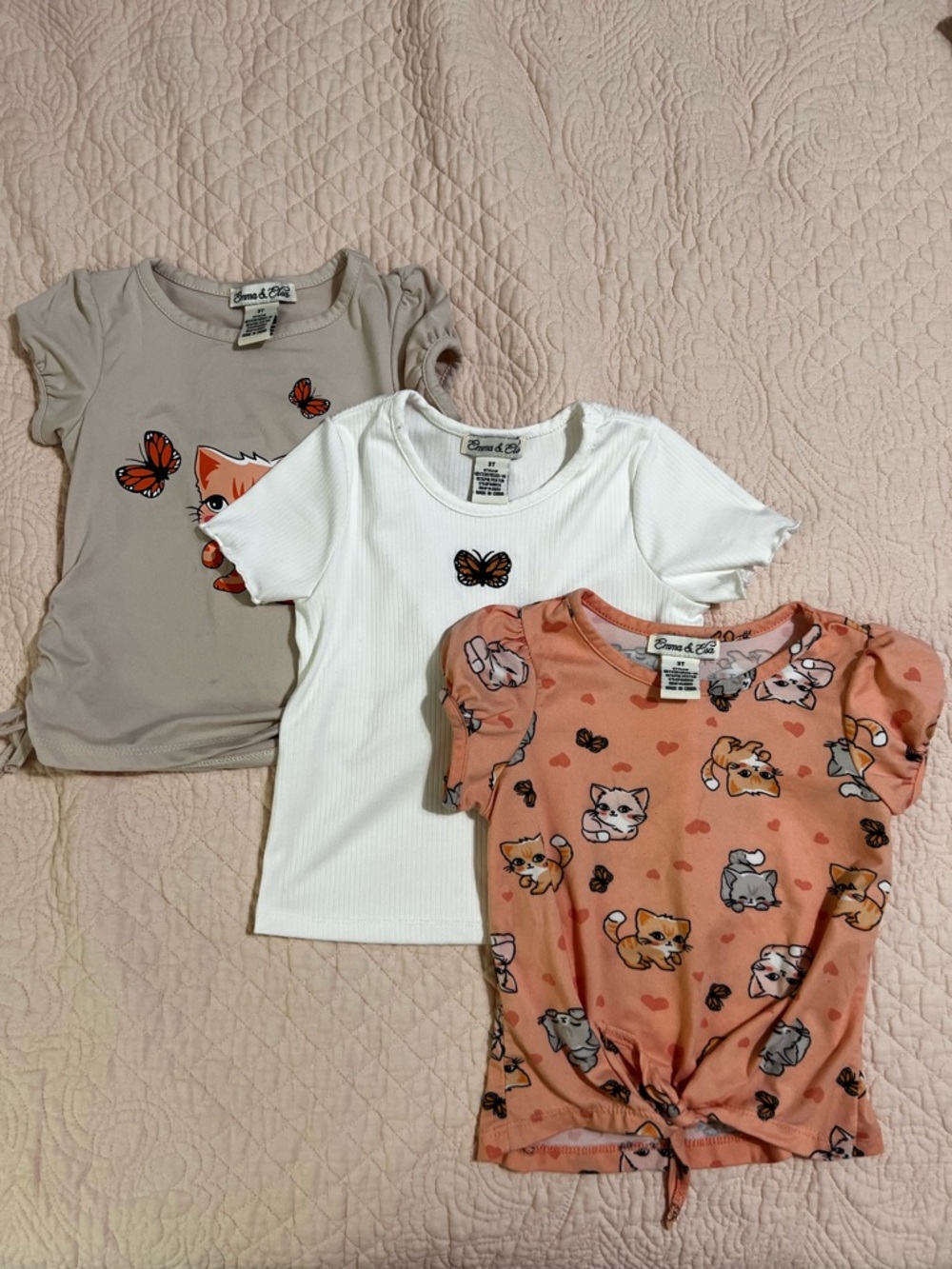 Emma & Elsa Girls' Short Sleeve Kitty & Butterfly Tee - White, Peach, Taupe